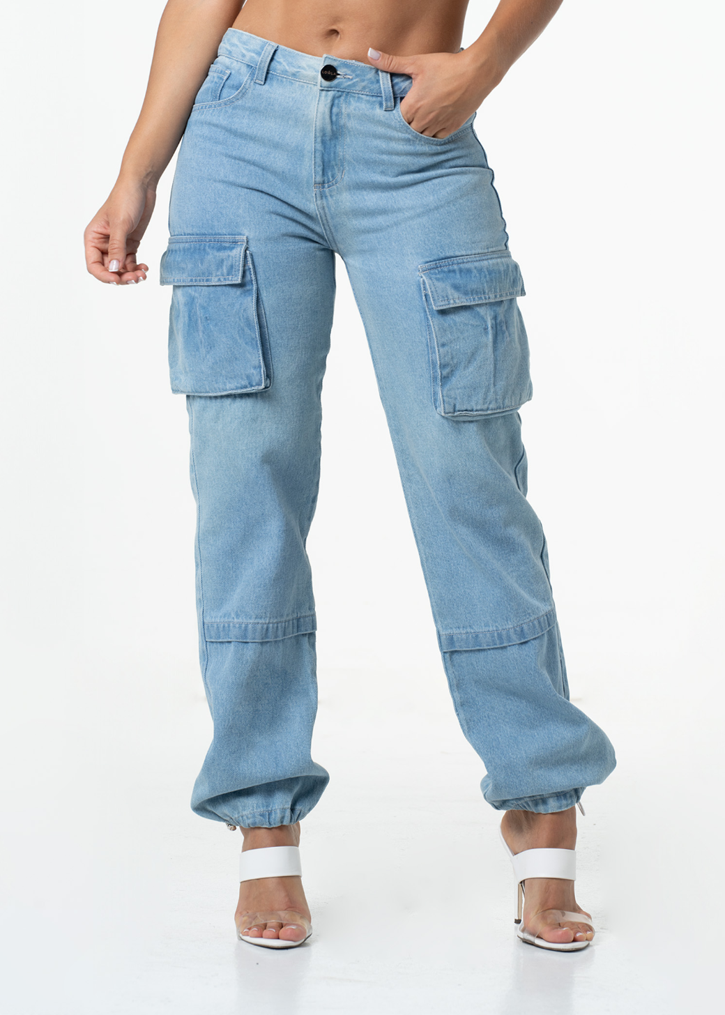 Front view blue cargo jeans