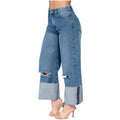 Women Distressed High Rise Full Length Wide Leg Denim Jeans Lowla 212395