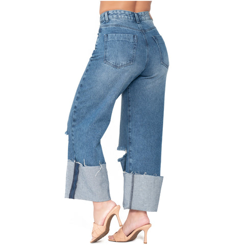 Women Distressed High Rise Full Length Wide Leg Denim Jeans Lowla 212395