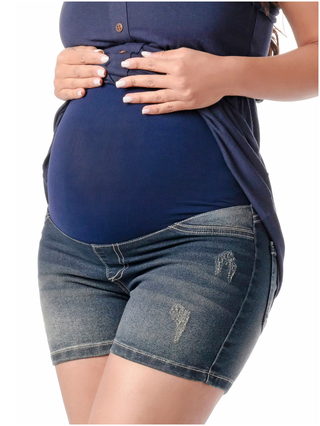 Blue Distressed Petite Maternity Denim Shorts– PinkBlush